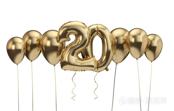 20岁生日金色气球背景生日快乐三维渲染