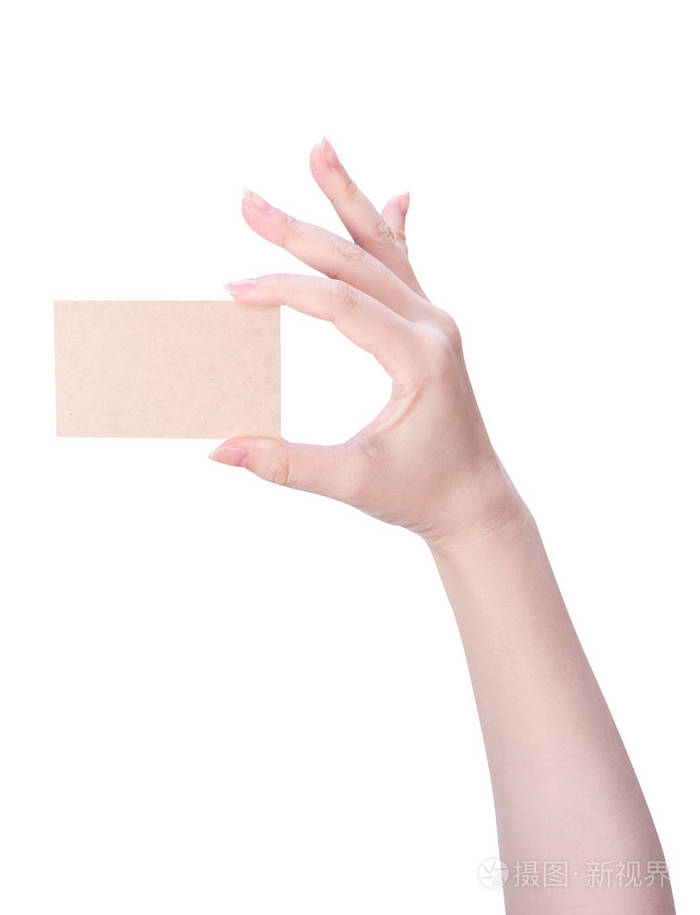 年轻的亚洲清洁女孩手拿一张空白牛皮纸纸卡模板隔离在白色背景上，剪接路径，特写，实体模型，裁剪