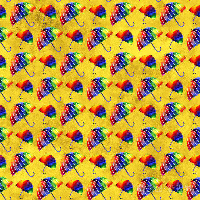 水彩画插图彩虹伞无缝重复图案五颜六色的形象手绘图画在织物纸张衣服
