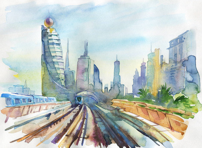 水彩画迪拜城市景观照片