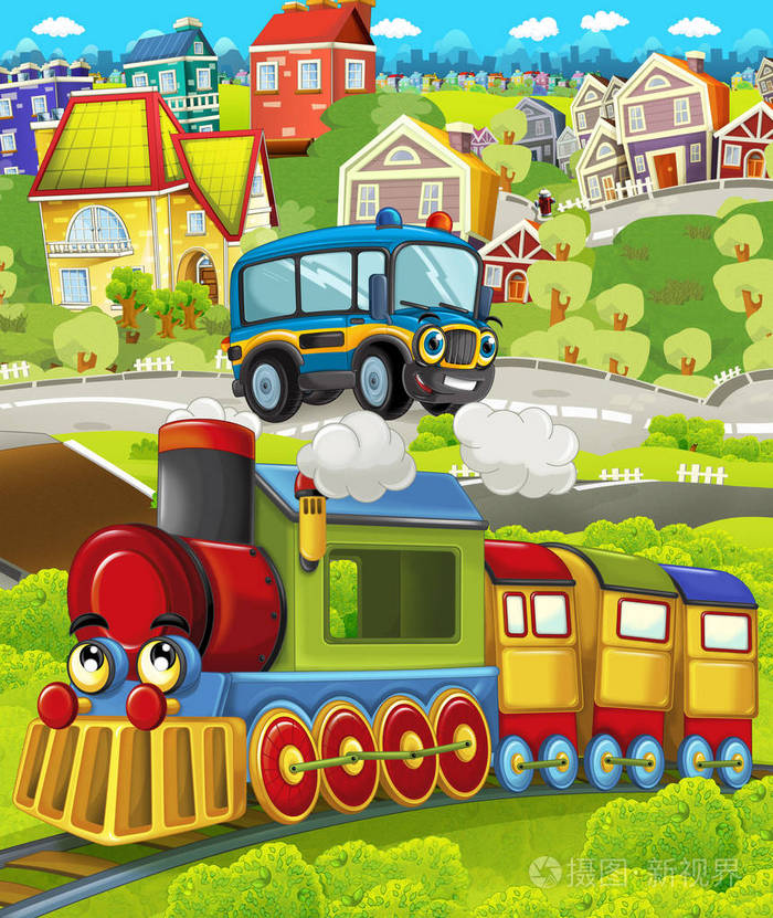 卡通有趣的蒸汽火车穿越城市和警车驾驶儿童插图