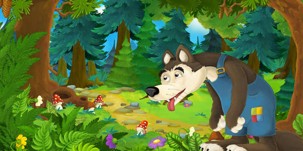 森林草地上的狼卡通童话场景-儿童插画照片