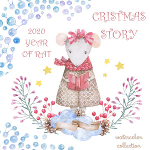 树绘画卡通可爱的水彩画卡通老鼠和云杉树.水彩手绘动物插图.