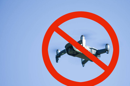 禁飞区.四旋翼机无人机在蓝天下飞行.用红色禁止标志封闭.照片