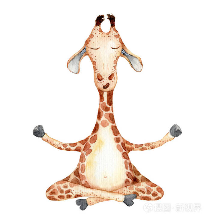 可爱的长颈鹿瑜伽姿势卡通水彩画动物