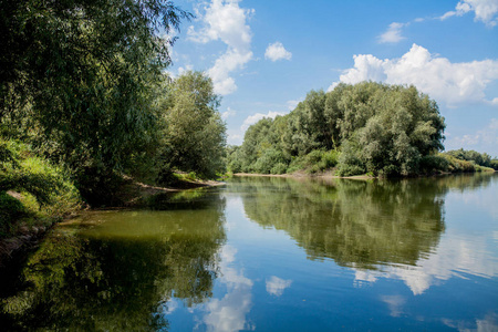 地平线上,德涅斯特河的绿色河岸,钓鱼的地方照片