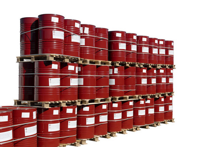 成排的植物200公升红色桶装汽油,石油,油漆.许多桶放在托盘上成排.