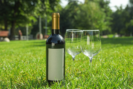 一瓶酒和玻璃杯放在绿草上,为文字留出空间照片