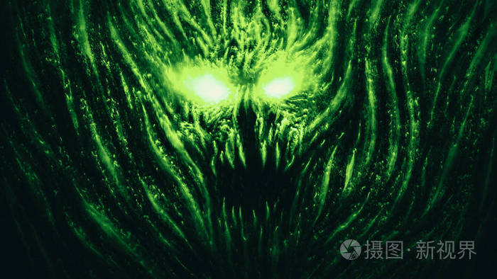 可怕的恶魔从地狱燃烧的眼睛绿色背景色