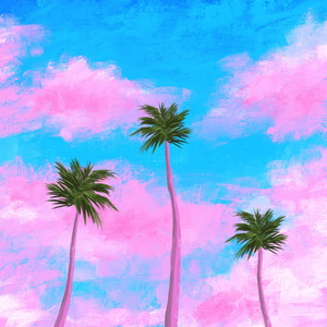热带风景云粉蓝的天空和椰树背图片