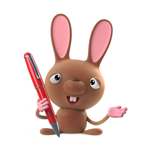 3d可爱卡通复活节兔子角色拿着笔照片
