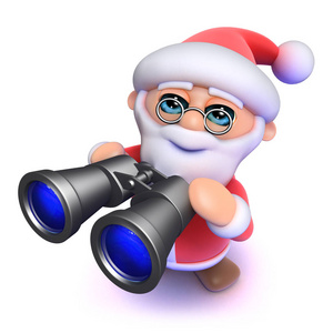 3d搞笑卡通圣诞老人透过双筒望远镜观看插画