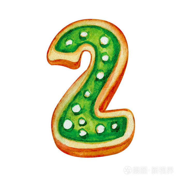 水彩画插图两个绿色隔离在白色背景上数字2的圣诞饼干减价标价字母表