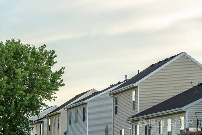 一排排房屋和郁郁葱葱的绿树映衬着乌云密布的天空