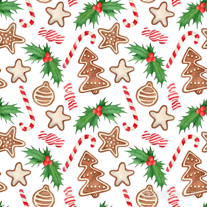 手绘传统曲奇,姜饼星,冰糖树,冬青叶和浆果,甘蔗糖.