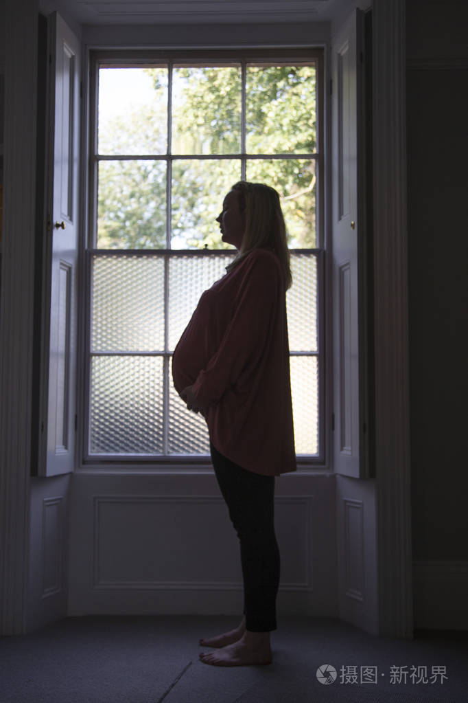一个身材魁梧的女人站在窗前的剪影
