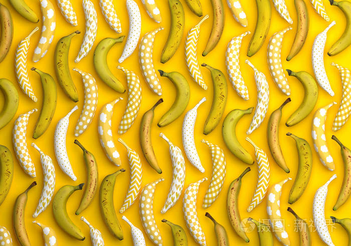 卡通色彩有趣的香蕉.艺术设计.创造性的概念构图.3d渲染.