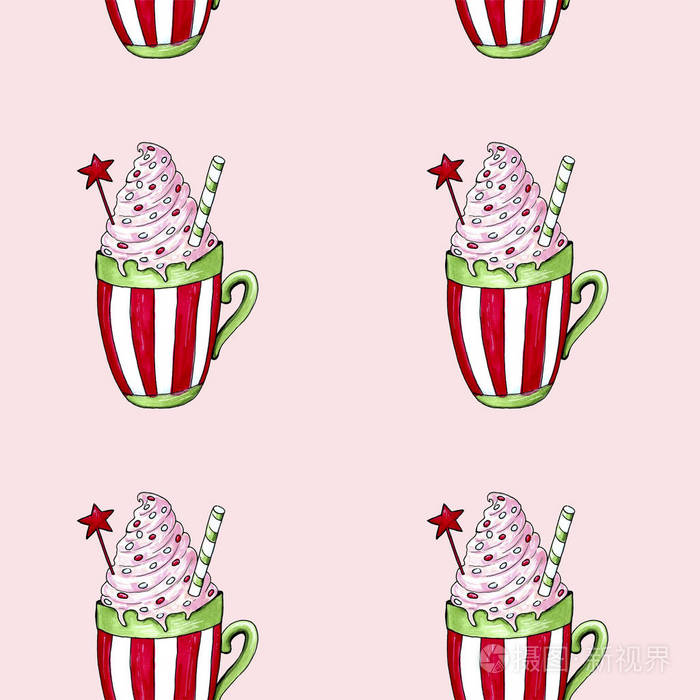 水彩手绘的一杯热可可磨葡萄酒格洛格插图圣诞节舒适饮料背景设置框架