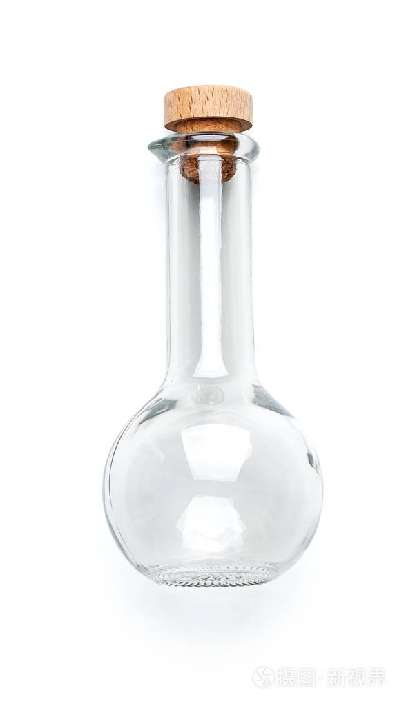 透明玻璃瓶形状奇特上面有一个木制盖子