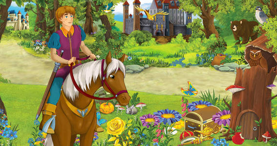 卡通场景,快乐的小男孩王子骑马在森林中遇到两座城堡儿童插图照片