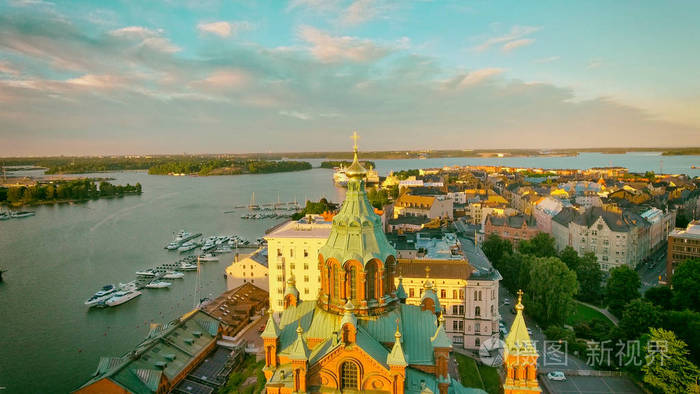 赫尔辛基夏季日落鸟瞰图芬兰全景cit