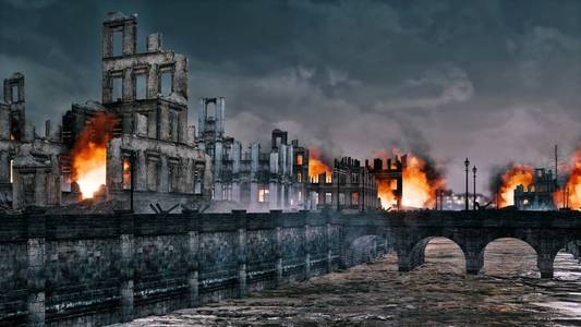 二战废墟战后被摧毁的欧洲河畔古城照片