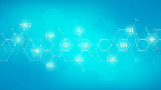 分子方程式绿色背景下的抽象化学模式,化学式和分子结构.
