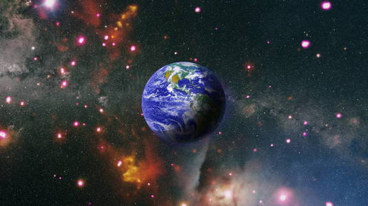 日出在地球上空,从太空观看,深空中的蓝色行星地球.