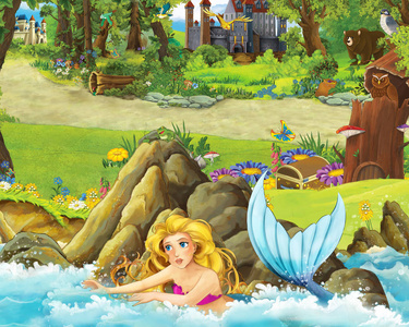 小美人鱼公主在森林中游泳的卡通场景森林中的一些城堡附近-儿童插图