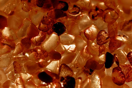 带背光照明的琥珀色颗粒油,水和蓝色颜料颗粒摘要啤酒花颗粒啤酒杯