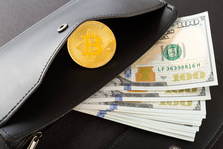 黑色背景的比特币,百元钞票和皮革钱包.照片