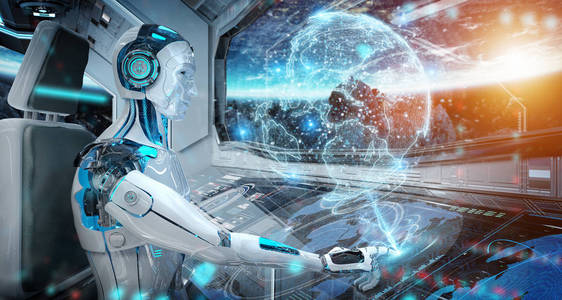 控制室里的机器人驾驶着一艘白色的现代宇宙飞船照片