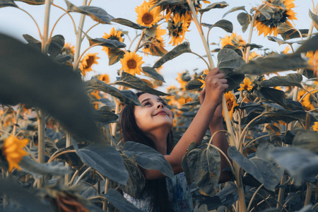 拿花少女油画美丽的黑发少女站在向日葵中间,手里拿着一朵,看着它们