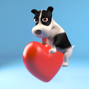 狗爱心3d淘气小狗爬上红色爱心,3d插图照片