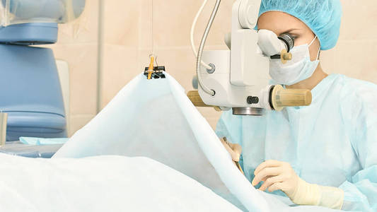眼科激光显微镜手术.门诊医生.病人的眼睛治疗.