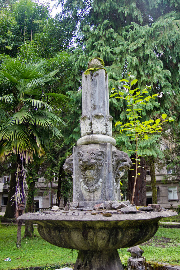 在杂草丛生的公园里废弃的老喷泉