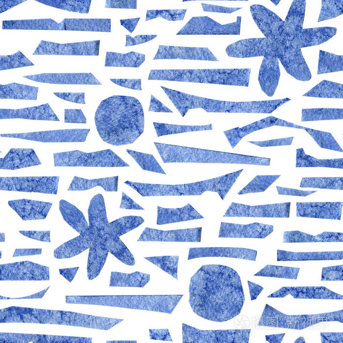 简单不规则图形对象的无缝图案.水彩画拼贴,白色背景上的手绘插图.