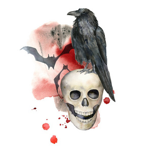 水彩画万圣节贺卡骷髅和乌鸦.手绘模板,白底黑鸟,红血和蝙蝠隔离.
