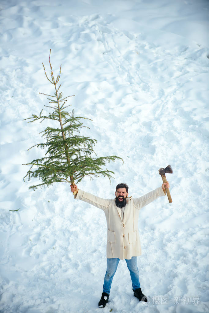 年轻的伐木工人正在木头上砍圣诞树年轻的樵夫冬季肖像