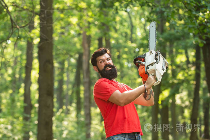 伐木工人拿着电锯在森林里行走.森林砍伐.