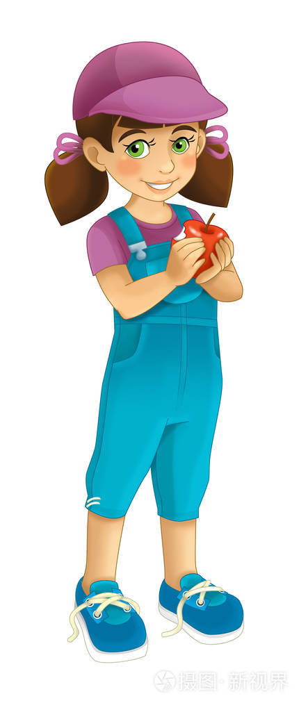 一个小女孩拿着一个苹果吃在白色背景上的卡通场景儿童插图