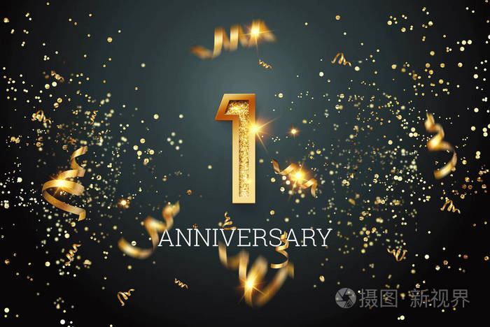金色数字一周年庆典在黑暗的背景和五彩纸屑庆祝模板传单三维插图三维