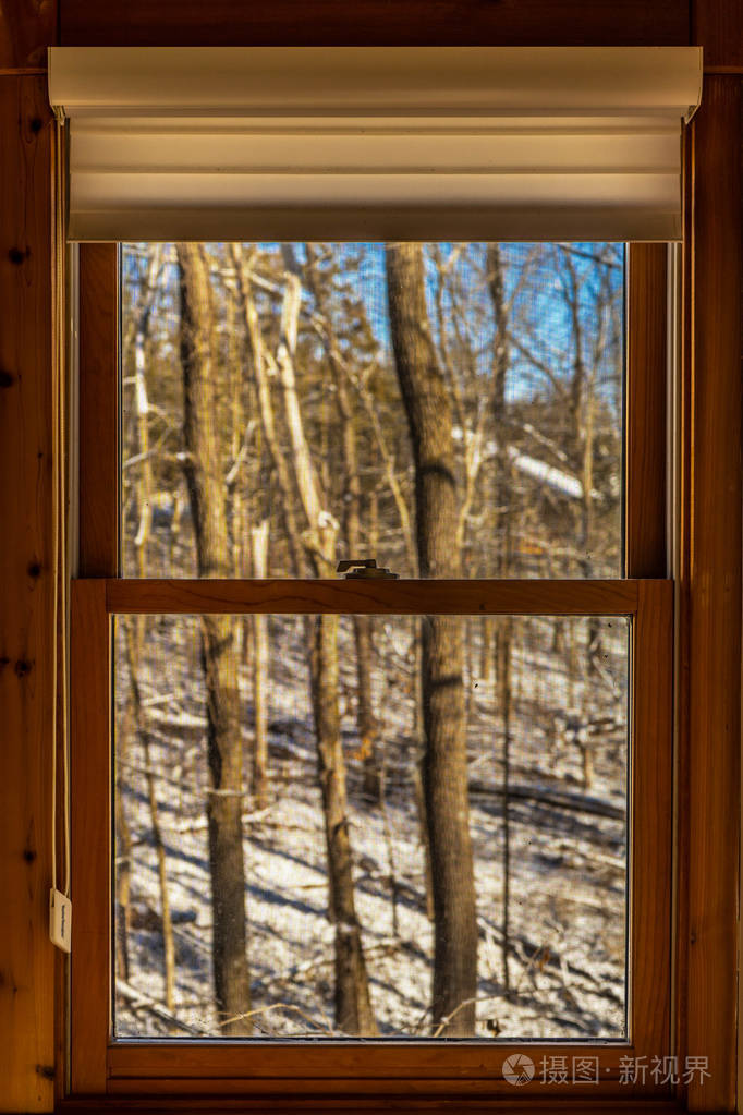 森林小屋的木窗景色优美
