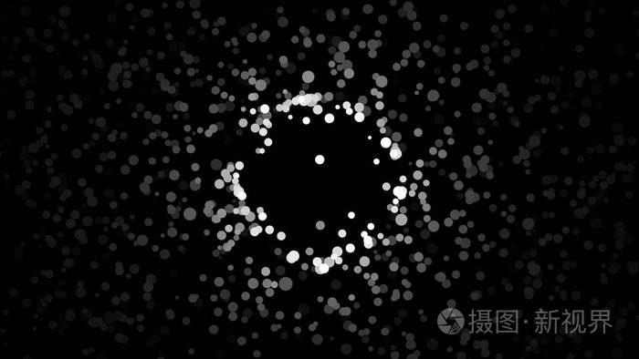 白色的小点在黑色背景上乱飞形成一个圆圈单色动画神秘的白色小飞环