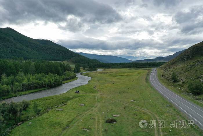 鸟瞰图 阿勒泰 八月 草地 阿尔泰 山谷 领域 自然 夏天