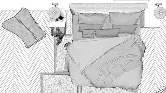 蓝图项目草案,极简主义卧室,带枕头和毯子的床,拼花地板,床头柜和地毯