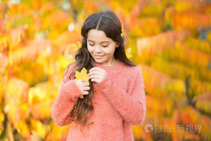 遇见秋天.小女孩笑着开心可爱的孩子华丽的长发枫叶.舒适的秋日