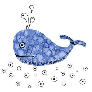 卡通鲸鱼水彩画插图.与一群海洋哺乳动物手绘.