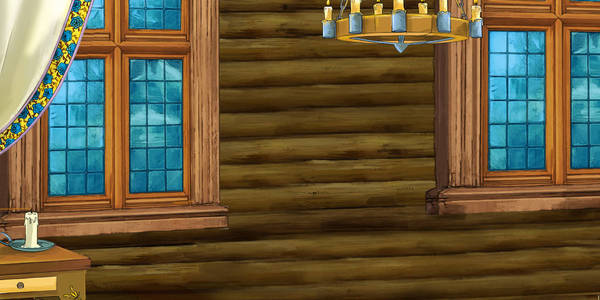 儿童家具场景带有中世纪木屋房间的卡通场景-厨房入口-不同用途的内部