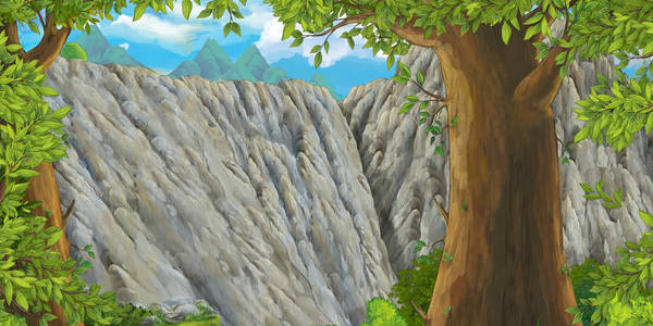 森林附近山谷的卡通场景没有人在舞台上-儿童插画照片